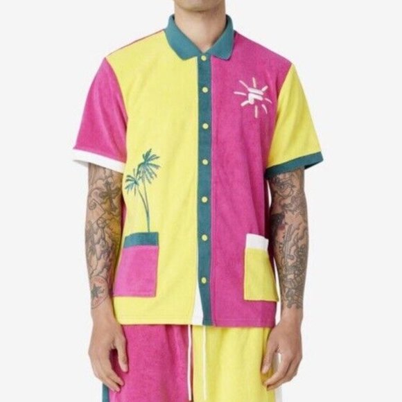 Fila Palani Sz XL Terry Tennis Polo Yellow/Pink Shirt Cotton Blend Embroidered - Picture 3 of 15